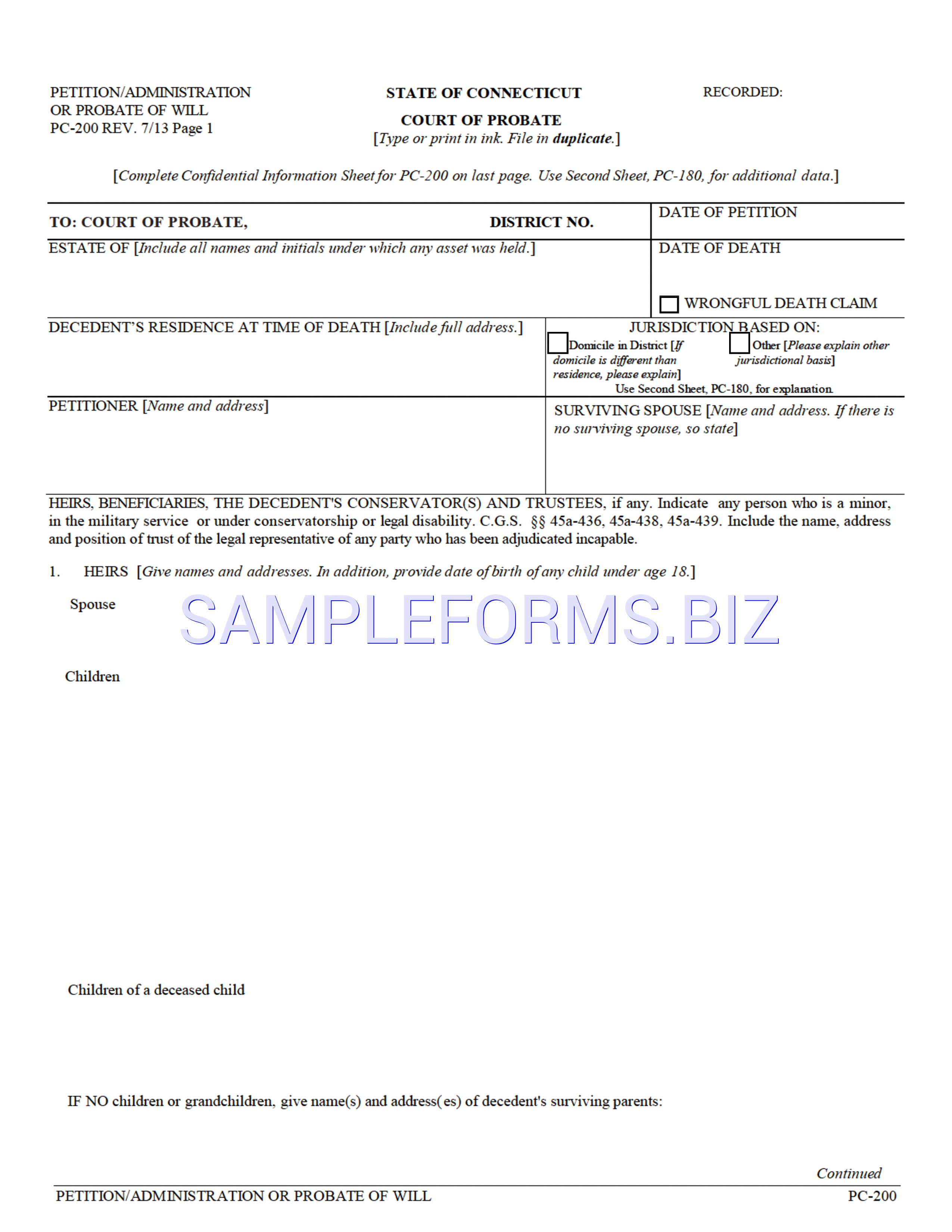 Preview free downloadable Petition/Administration or Probate of Will (Rev. 7/13) in PDF (page 1)